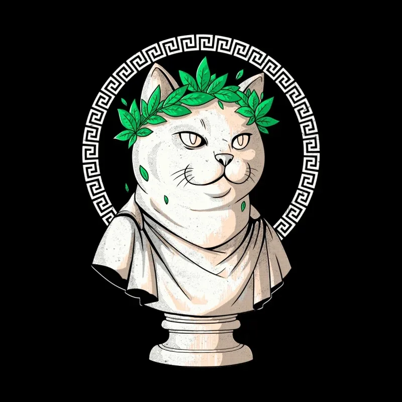 A classical marble bust draped in linen, surrounded by green leaves, set against a black background with a decorative border.