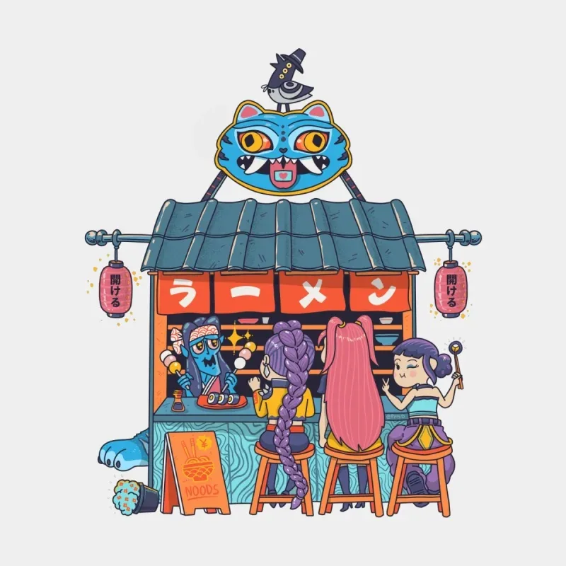 A colorful ramen stall with a blue cat face sign, featuring a chef serving food to three girls enjoying their meal.
