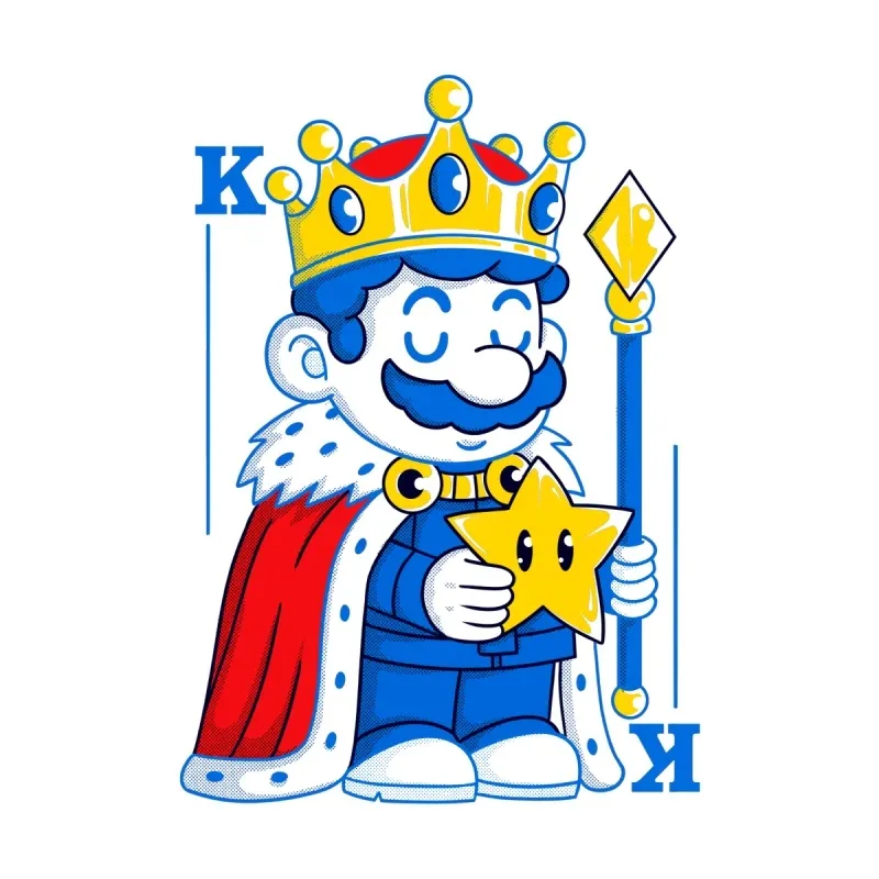 A cartoonish character resembling Mario dressed as a king, holding a star with a crown, cape, and staff, with "K" on either side.