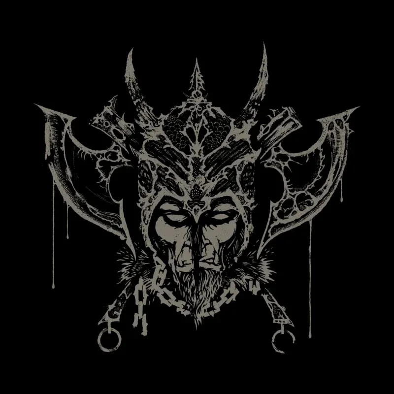 Intricate illustration of a warrior's face with a horned helmet and axes, set against a black background.