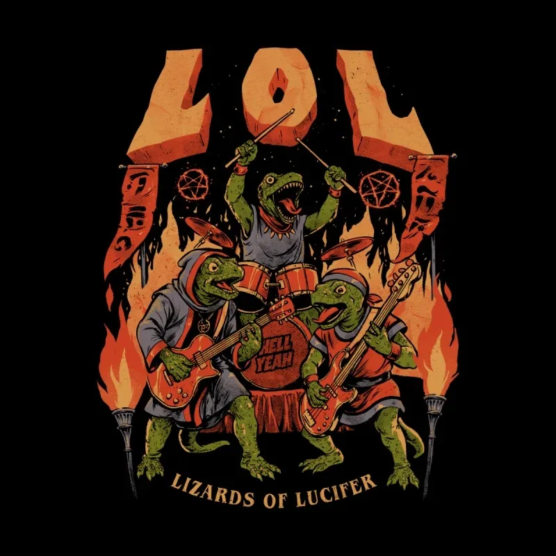 Three cartoon lizards rocking out with guitars and drums, surrounded by flames and symbols, captioned "LOL - Lizards of Lucifer."