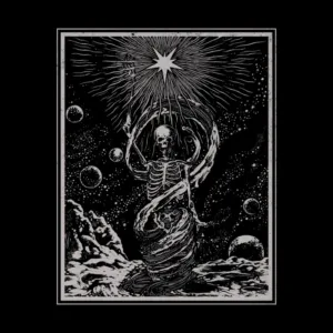 A skeletal figure swirls amidst cosmic elements, holding a staff with a radiant star, set against a dark, starry background.
