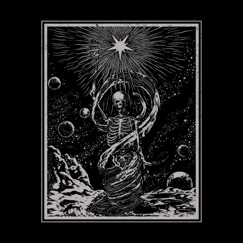 A skeletal figure swirls amidst cosmic elements, holding a staff with a radiant star, set against a dark, starry background.