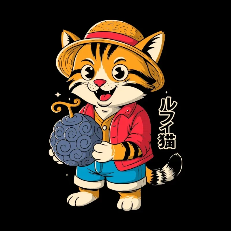 A cheerful cartoon tiger dressed like a pirate holds a spiral-patterned bomb, with "ルフィ猫" printed beside him.