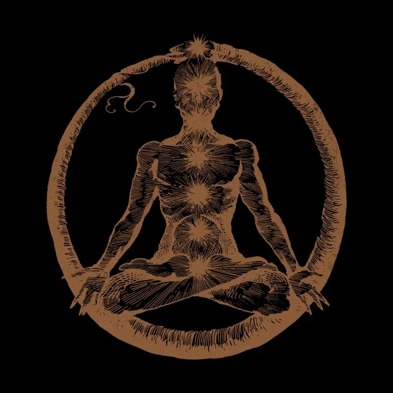 A stylized illustration of a seated figure with glowing chakras, enclosed within a circular frame, on a black background.