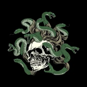 A skull with long, flowing hair intertwined with green snakes, set against a black background, evoking a dark, mythical atmosphere.