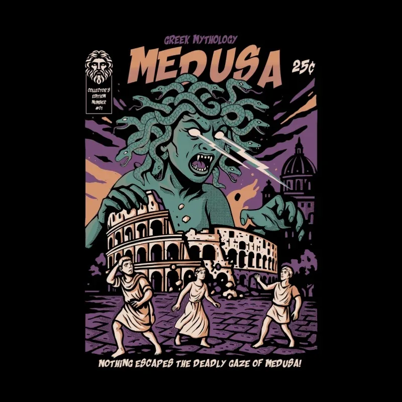 A vibrant comic cover featuring Medusa with snake hair, attacking figures near a Roman Coliseum, emphasizing her lethal gaze.