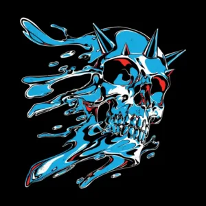 A vibrant, stylized skull with blue and red accents, featuring sharp spikes, merging with fluid shapes against a black background.