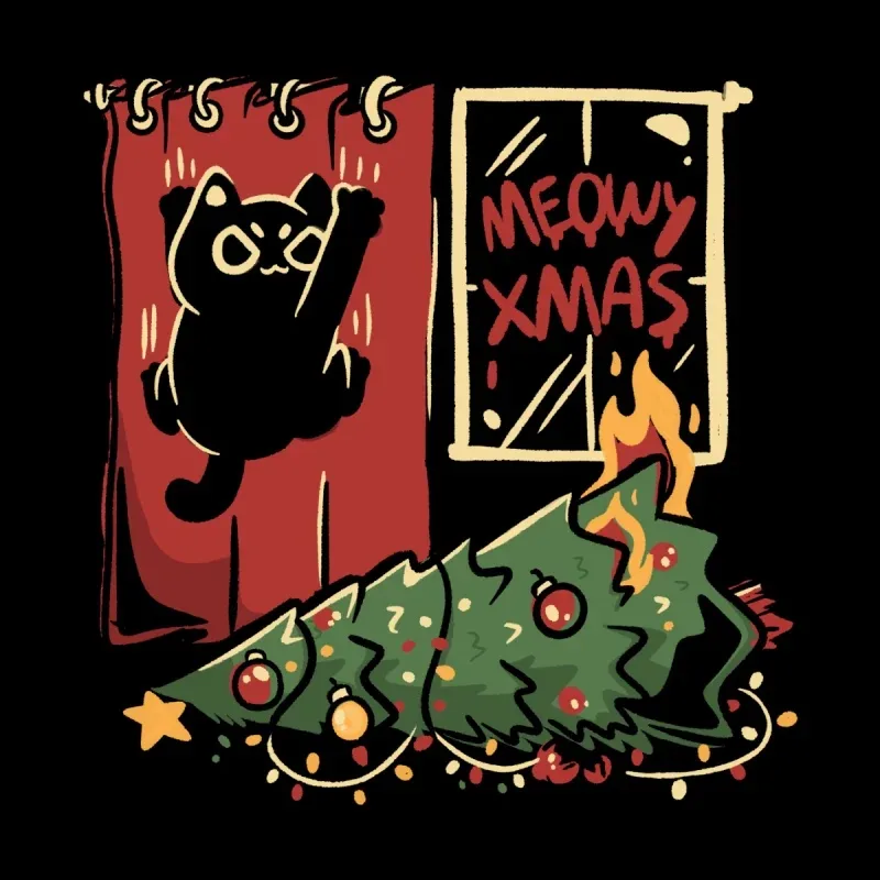 A playful black cat climbs a curtain next to a burning Christmas tree, with "MEOWY XMAS" written on the window.