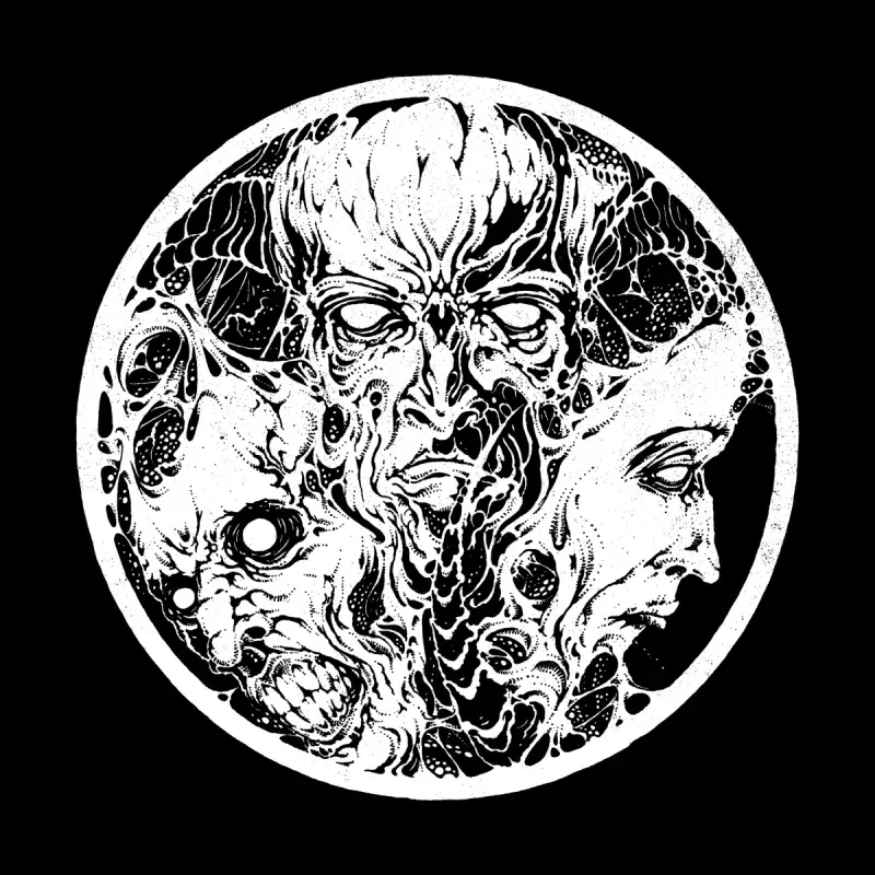 Intricate black and white illustration featuring monstrous faces entwined in a circular design against a black background.