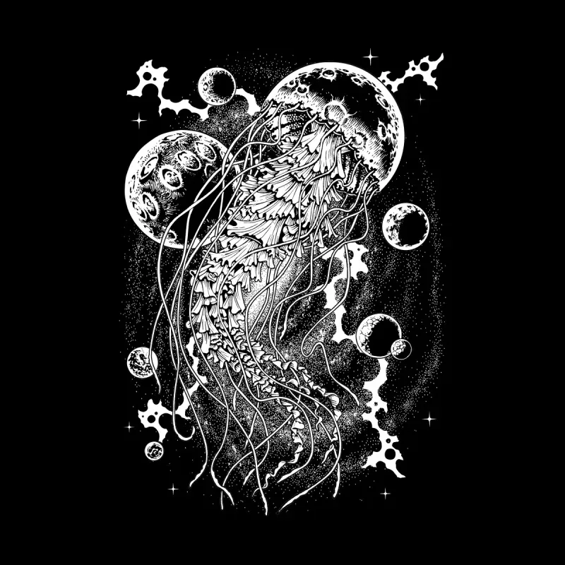 A detailed black and white illustration of a jellyfish in space, surrounded by moons and stars against a black background.