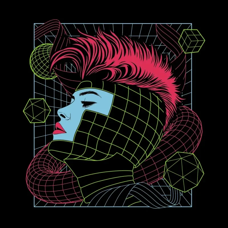 A stylized graphic of a woman with vibrant pink hair and geometric patterns, set against a black background and 3D shapes.