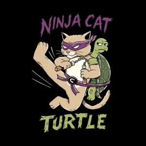 A cartoon cat in a ninja mask kicks, with a turtle strapped to its back. Text reads "Ninja Cat Turtle" above and below the image.