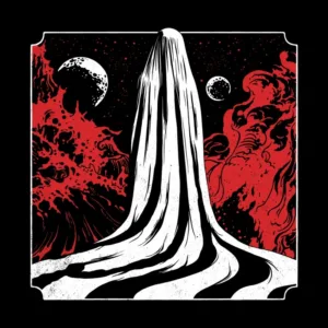 A ghostly figure draped in white stands against a backdrop of swirling red flames and celestial moons, evoking a haunting atmosphere.