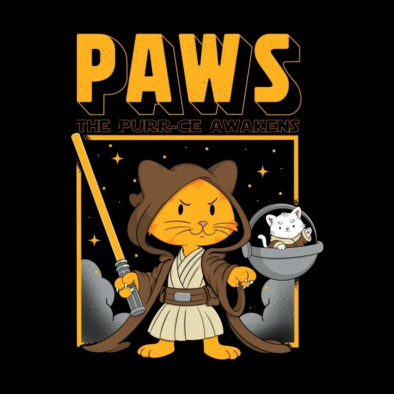 A cartoon cat Jedi in a brown robe holds a lightsaber while cradling a small white cat, captioned "Paws: The Purr-ce Awakens."