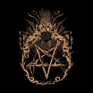 An intricate, symmetrical design featuring a demonic figure with wings, skulls, and a pentagram, all in a dark and gothic style.
