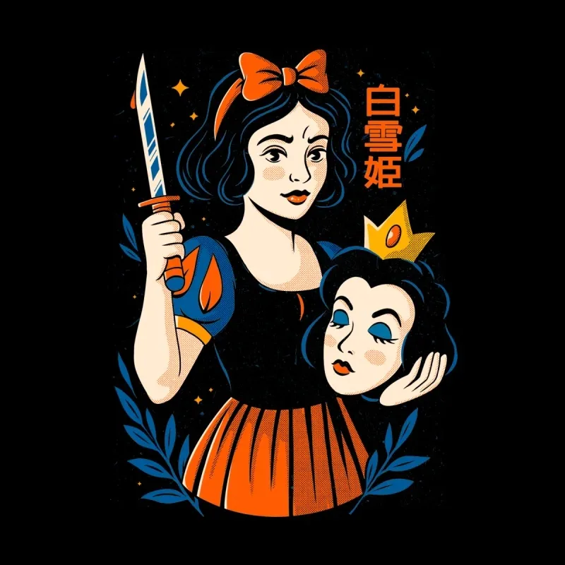 A stylized illustration of a princess holding a sword and a mirror, adorned with a crown and surrounded by decorative foliage.