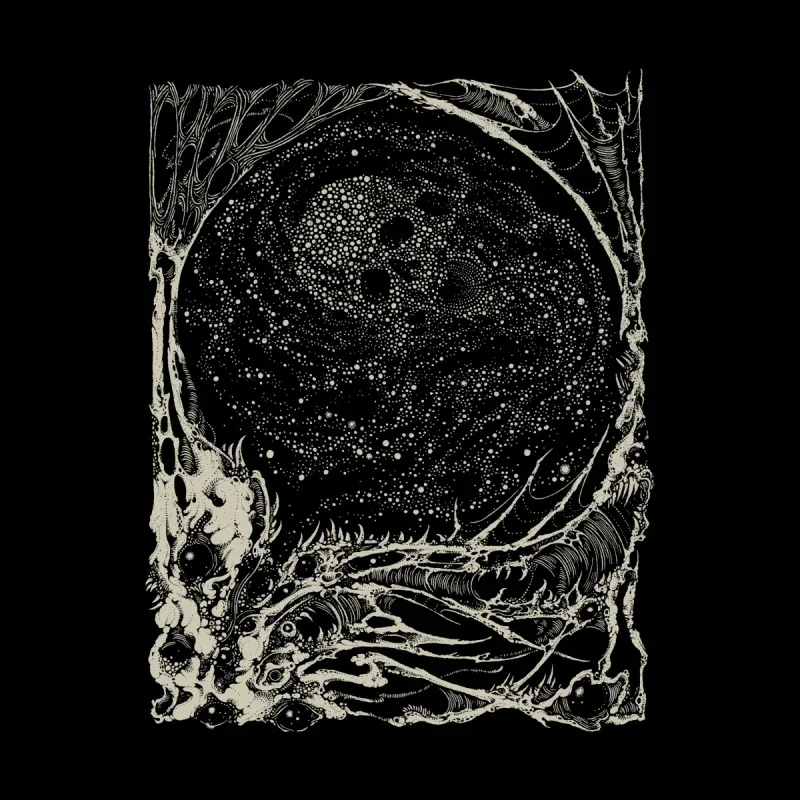 Intricate black-and-white artwork featuring cosmic elements intertwined with organic, skeletal forms, creating a hauntingly surreal scene.