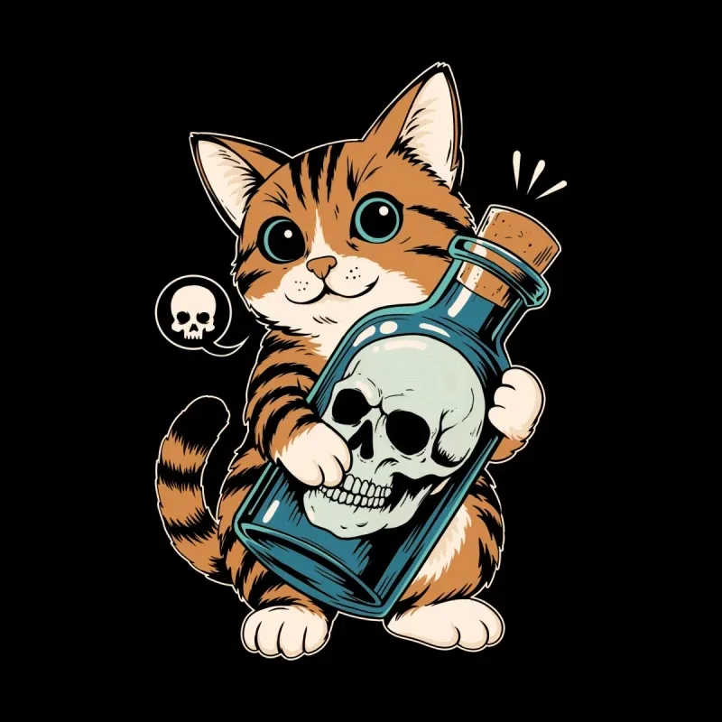 A cute, striped cat holds a glass bottle with a skull inside, while a thought bubble shows a smaller skull, against a black background.