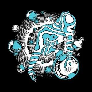 A stylized figure with blue and white stripes reaches toward large bubbles against a black background, surrounded by radiating lines.