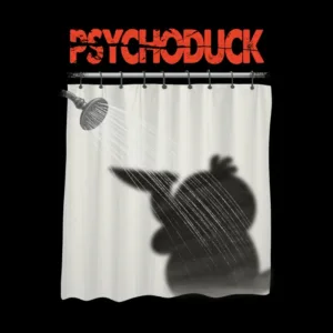 A shadowy figure of a duck holds a knife under a shower, with the title "PsychoDuck" in bold red letters above.