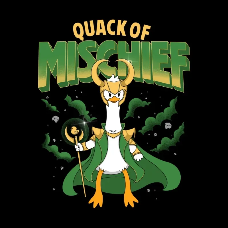 A cartoon duck in a green cape and horned helmet, wielding a staff, with "Quack of Mischief" text above, set against a dark background.