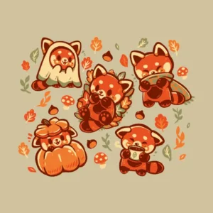 A cute illustration of five red pandas in various cozy poses among leaves and mushrooms, celebrating autumn with playful expressions.