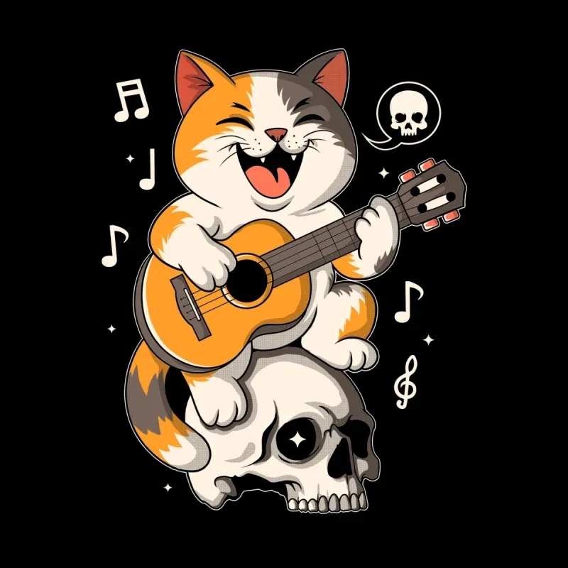 A playful calico cat joyfully strums a guitar atop a skull, surrounded by musical notes and a ghostly skull speech bubble.