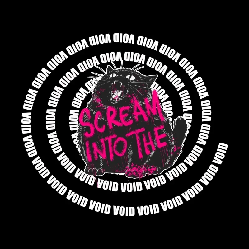 A black cat with an open mouth, surrounded by the phrase "Scream into the Void," highlighted in pink against a black background.