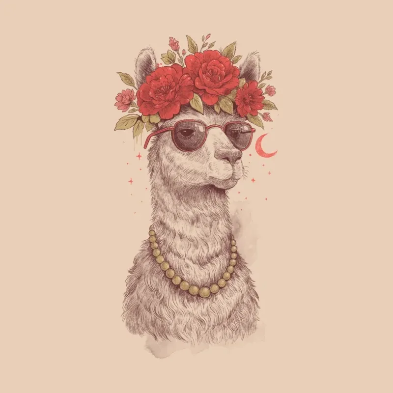 An illustrated llama wearing oversized sunglasses and a floral crown, adorned with beads, against a light beige background.