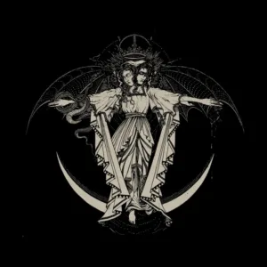 A mythical figure with intricate wings and flowing garments stands against a dark background, embodying a blend of elegance and mystery.