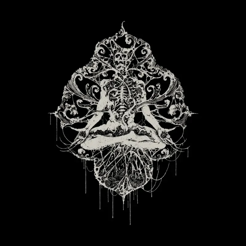A symmetrical, intricate black and white artwork featuring skeletons and organic forms, set against a black background.