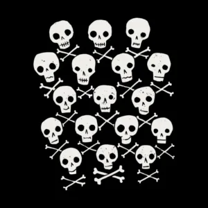 A pattern of white skulls and crossed bones on a black background, creating a bold and striking design with a Halloween theme.
