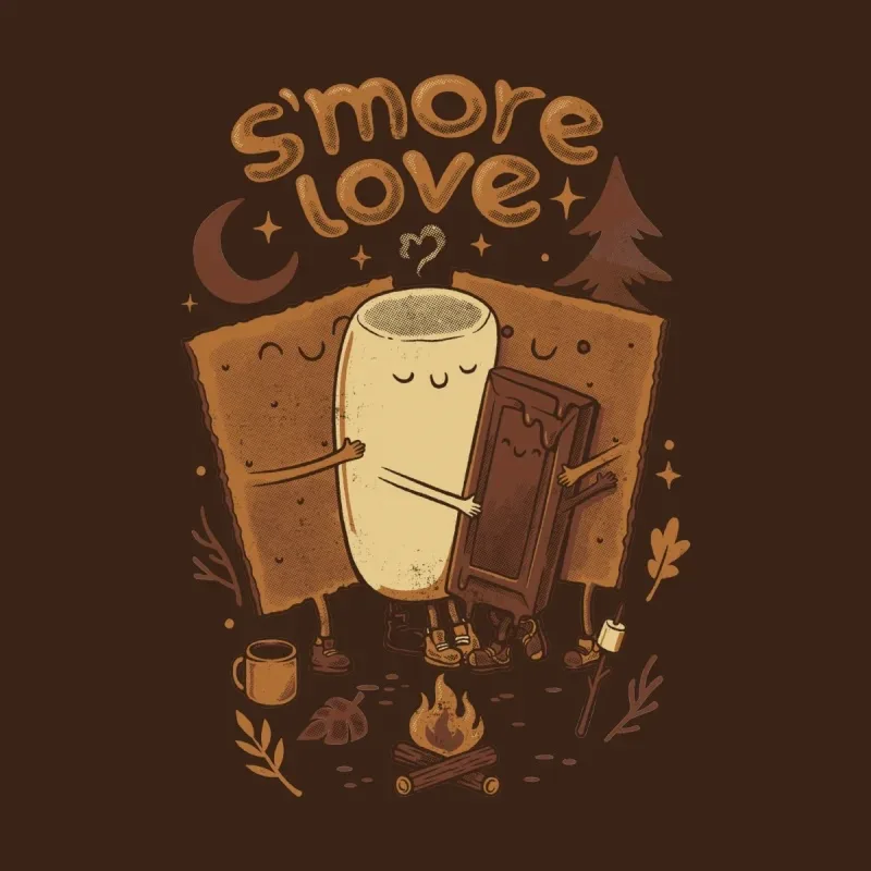 A cute cartoon scene of a marshmallow, chocolate, and graham crackers embracing around a campfire, with "s'more love" text above.