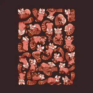 A playful illustration of cute red pandas in various poses, featuring bright colors and whimsical expressions on a dark background.