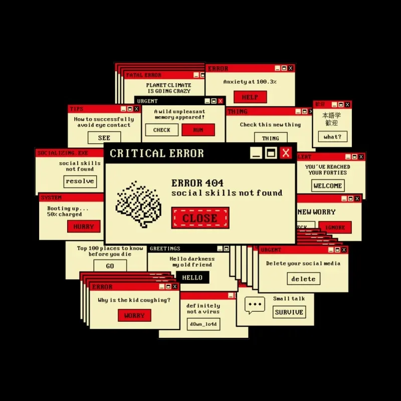 A chaotic array of error message pop-ups simulating a computer screen, highlighting issues like social skills and anxiety.
