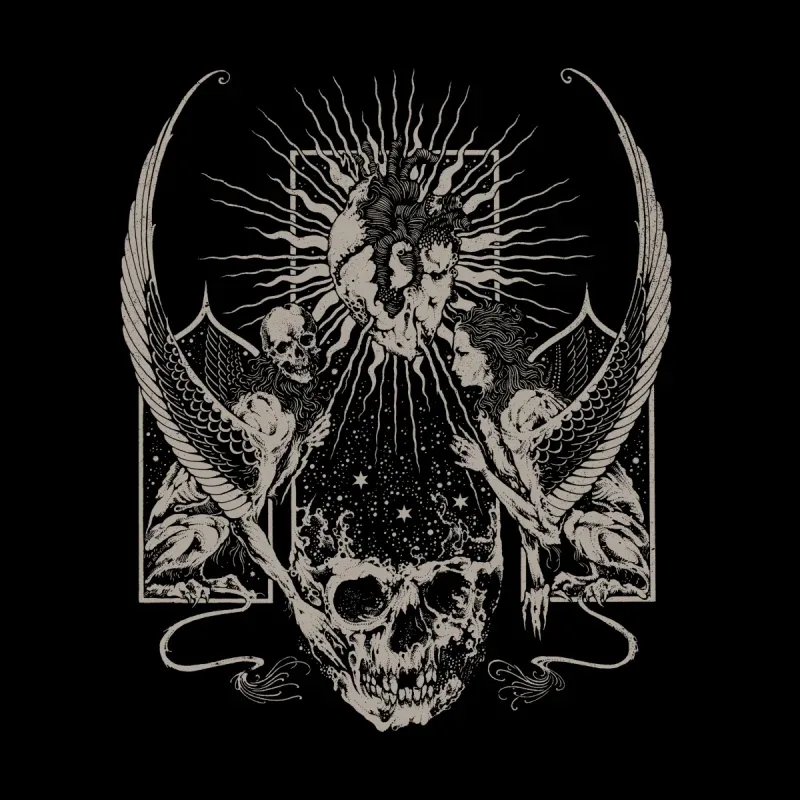 A dark illustration featuring a skull, entwined hearts, and angelic figures, surrounded by sun rays and starry elements.