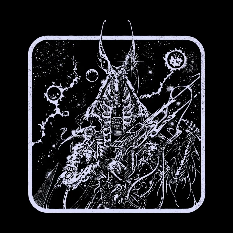 A cosmic, armored warrior with a horned, alien head holds a futuristic weapon against a backdrop of stars and galaxies.