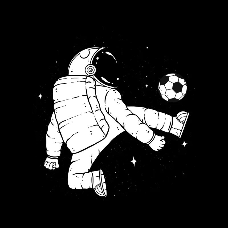 An astronaut in a space suit kicks a soccer ball through a starry black backdrop, blending sports and space exploration.