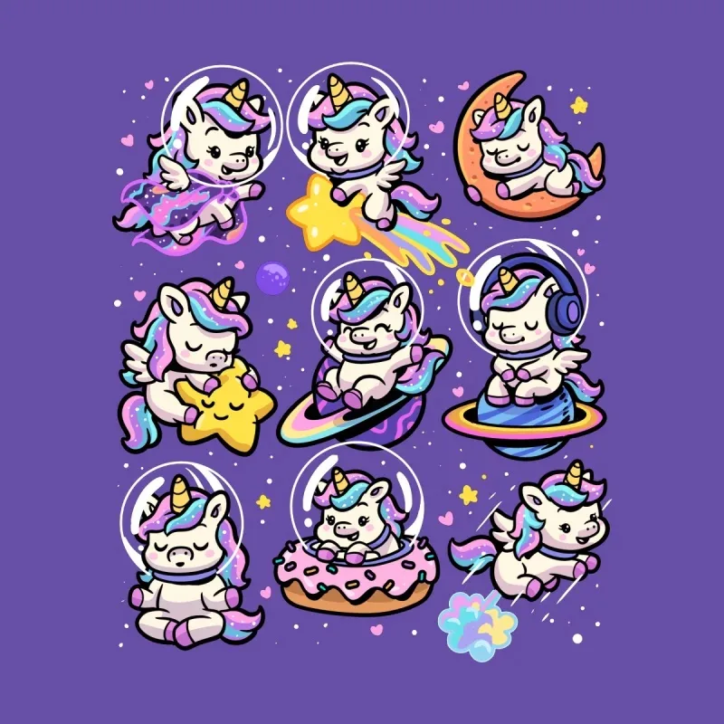 A playful grid of cute unicorns in space, featuring them wearing headphones, riding donuts, and playing with stars, all on a purple background.