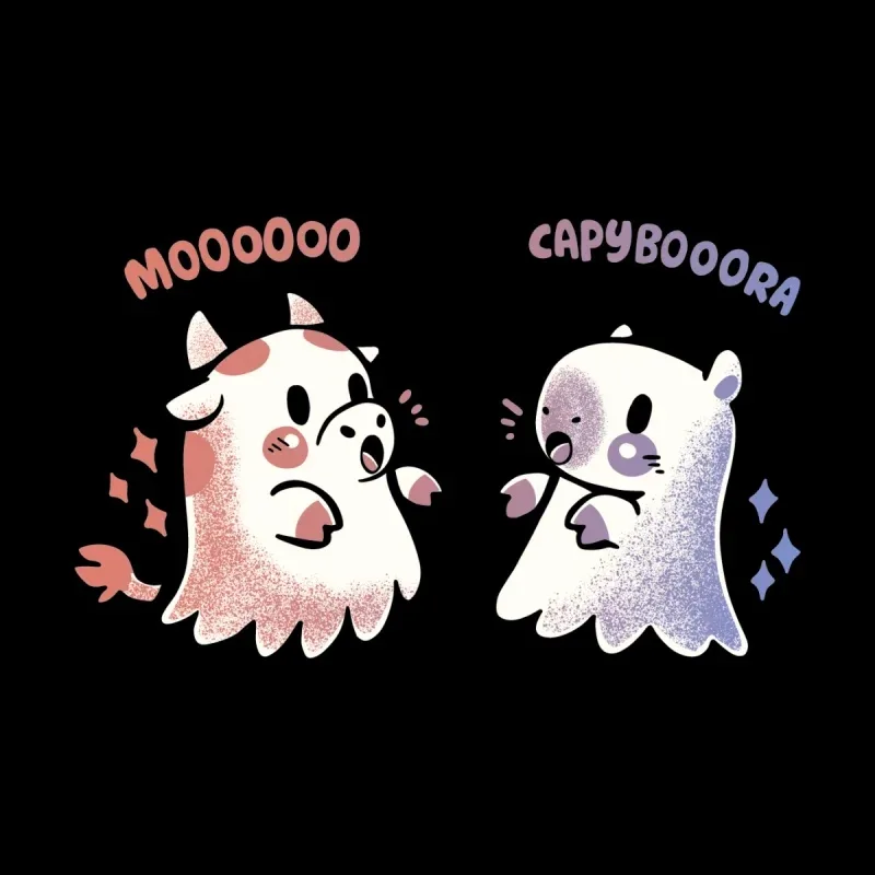 A cute cartoon ghost cow and a ghost capybara, playfully interacting with the words "MOOOOO" and "CAPYBOOORA" above them.