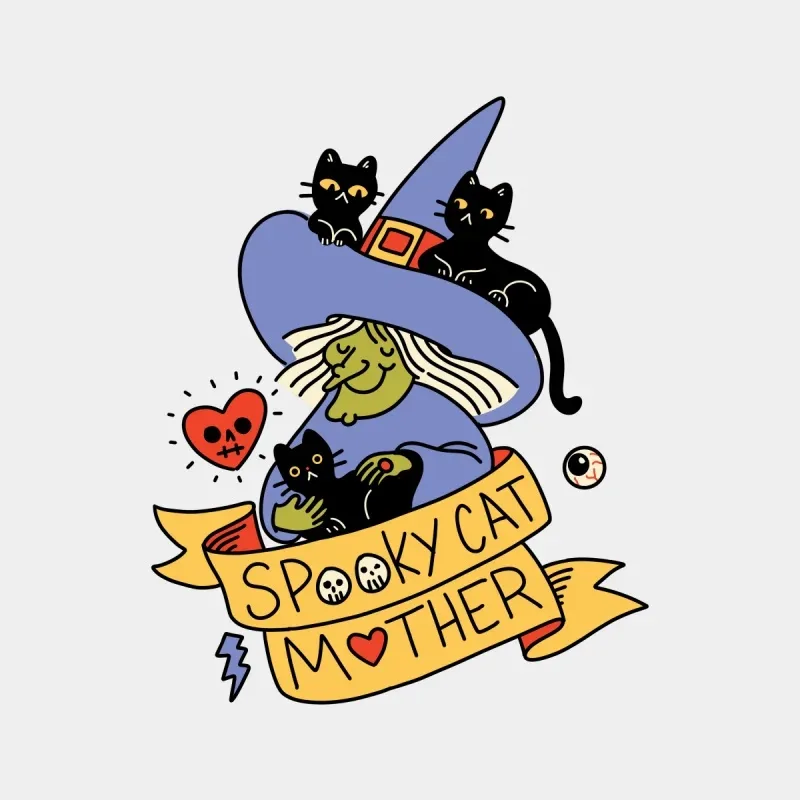 A whimsical illustration of a green-skinned witch wearing a blue hat, surrounded by black cats and a "Spooky Cat Mother" banner.