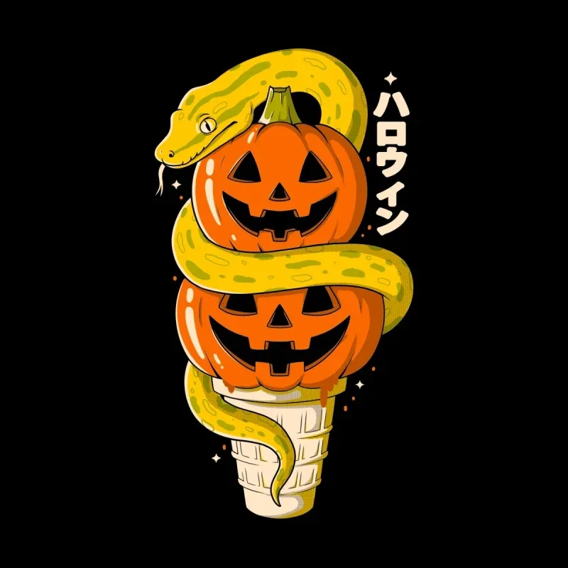 A yellow snake coiled around two stacked jack-o'-lanterns on an ice cream cone, with "ハロウィン" (Halloween) in bold text.