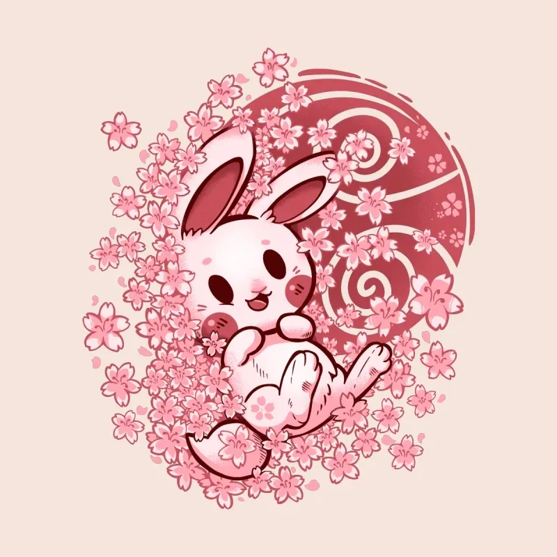 A cute pink bunny surrounded by cherry blossoms against a soft beige background, radiating a playful and whimsical vibe.