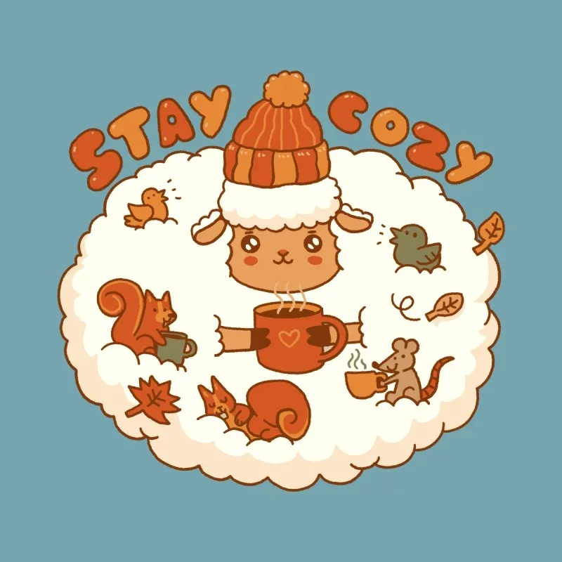 Cute cartoon sheep in a cozy hat holds a steaming mug amid playful animals, with "STAY COZY" text above, set against a blue background.