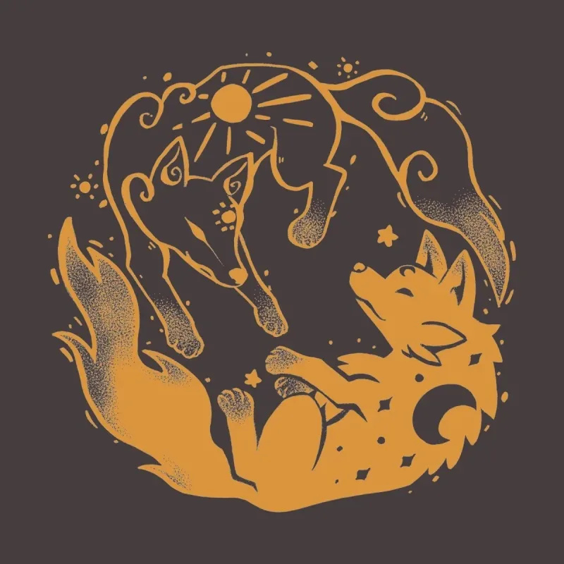 Two stylized wolves, one sunlit and one moonlit, dance in a circular formation against a dark background. Stars are scattered around.