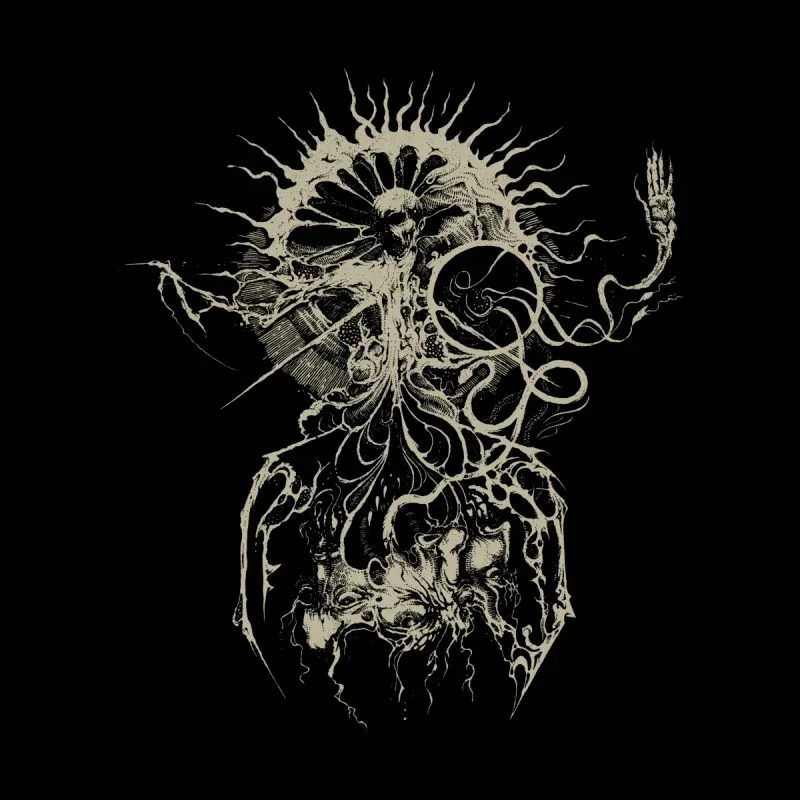 A surreal, dark illustration featuring skeletal figures and swirling patterns against a black background, evoking a gothic atmosphere.