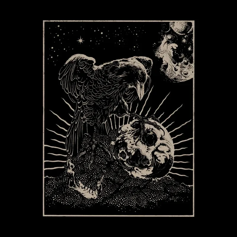 A raven perches on a skull, set against a starry night sky, with dynamic rays emanating from the skull below.