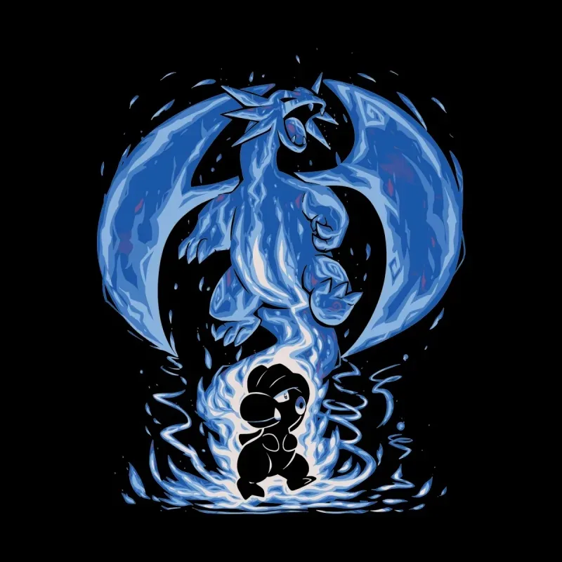 A stylized blue dragon looms above a small black character surrounded by swirling flames and water, set against a black background.