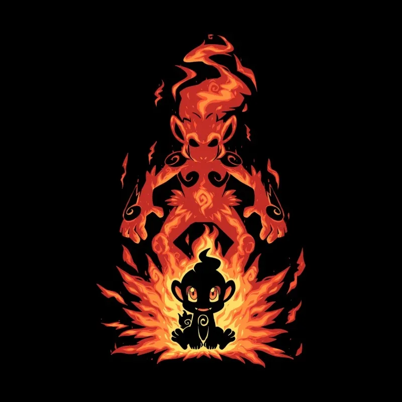 A playful monkey silhouetted in flames, with a larger fiery figure looming behind, showcasing a vibrant, dynamic design on a black background.